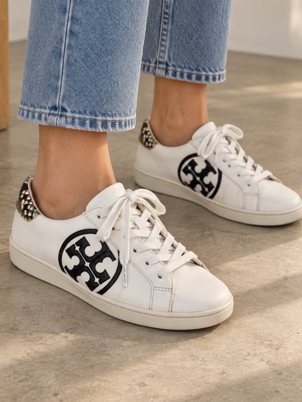 Tory Burch White Leather Logo Sneaker with Snake-Print Heel SIZE 6.5 W